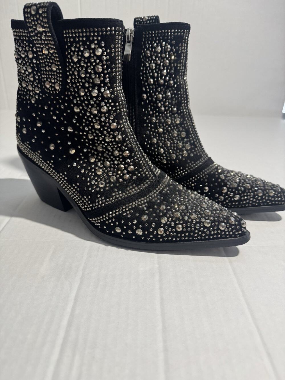 ISNOM Women's Black Rhinestone Studded Western Ankle Boots Pointed Toe Zip